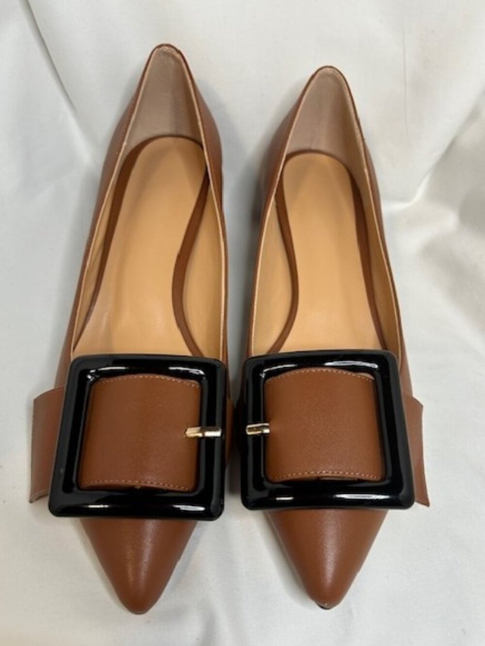 Cognac Color Pointed Toe Block Heel Shoe with Bold Black Buckle Detail